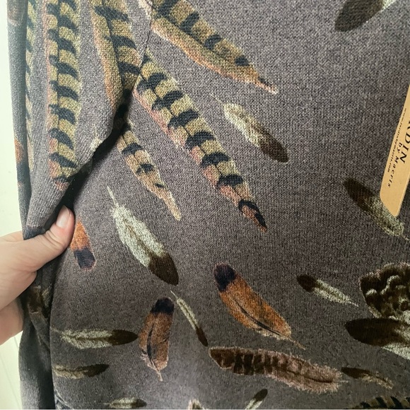 Jardin by Macris Tunic Sweater Dress S Feather Print Pockets Brown Flare Swing - Picture 4 of 8
